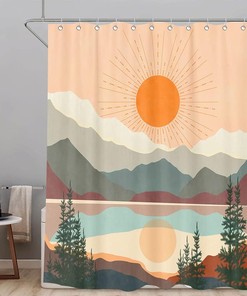 Abstract Sun and Mountain Shower Curtain for Boho Bathroom Decor 
