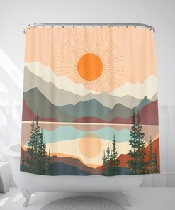 Abstract Sun and Mountain Shower Curtain for Boho Bathroom Decor 