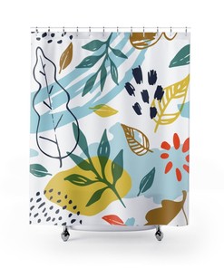 Abstract Teal Yellow Shower Curtain with Botanical Floral Aesthetics for Bathroom Decor