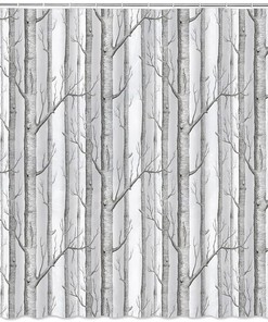 Abstract Tree Shower Curtain - Grey White Abstract Birch Forest Bird Country Nature Landscape Bathroom Decor Curtain 