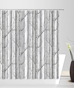 Abstract Tree Shower Curtain - Grey White Abstract Birch Forest Bird Country Nature Landscape Bathroom Decor Curtain