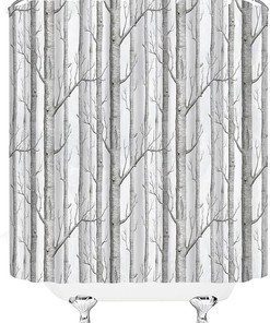 Abstract Tree Shower Curtain - Grey White Abstract Birch Forest Bird Country Nature Landscape Bathroom Decor Curtain 