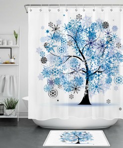 Abstract Tree Shower Curtain with Blue Ice Crystal Snowflakes for a Winter-Inspired Bathroom Decor
