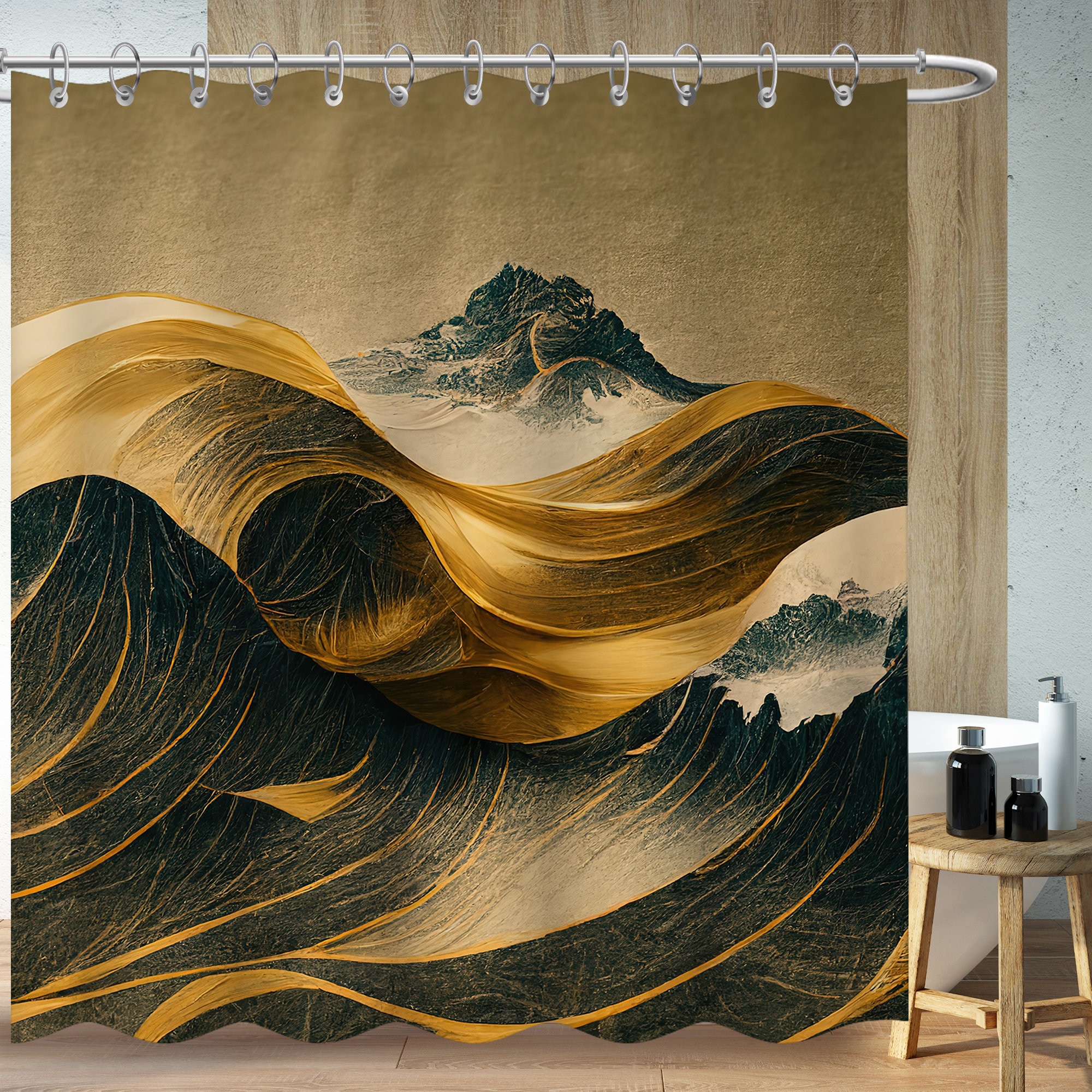 Abstract Wavy Mountain Shower Curtain with Vintage Medieval Design, Perfect for Bathtub Decor - Bathroom Curtain