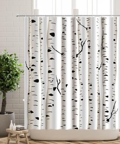 Abstract White Forest Trunks Shower Curtain with Birch Trees for Modern Bathroom Decor