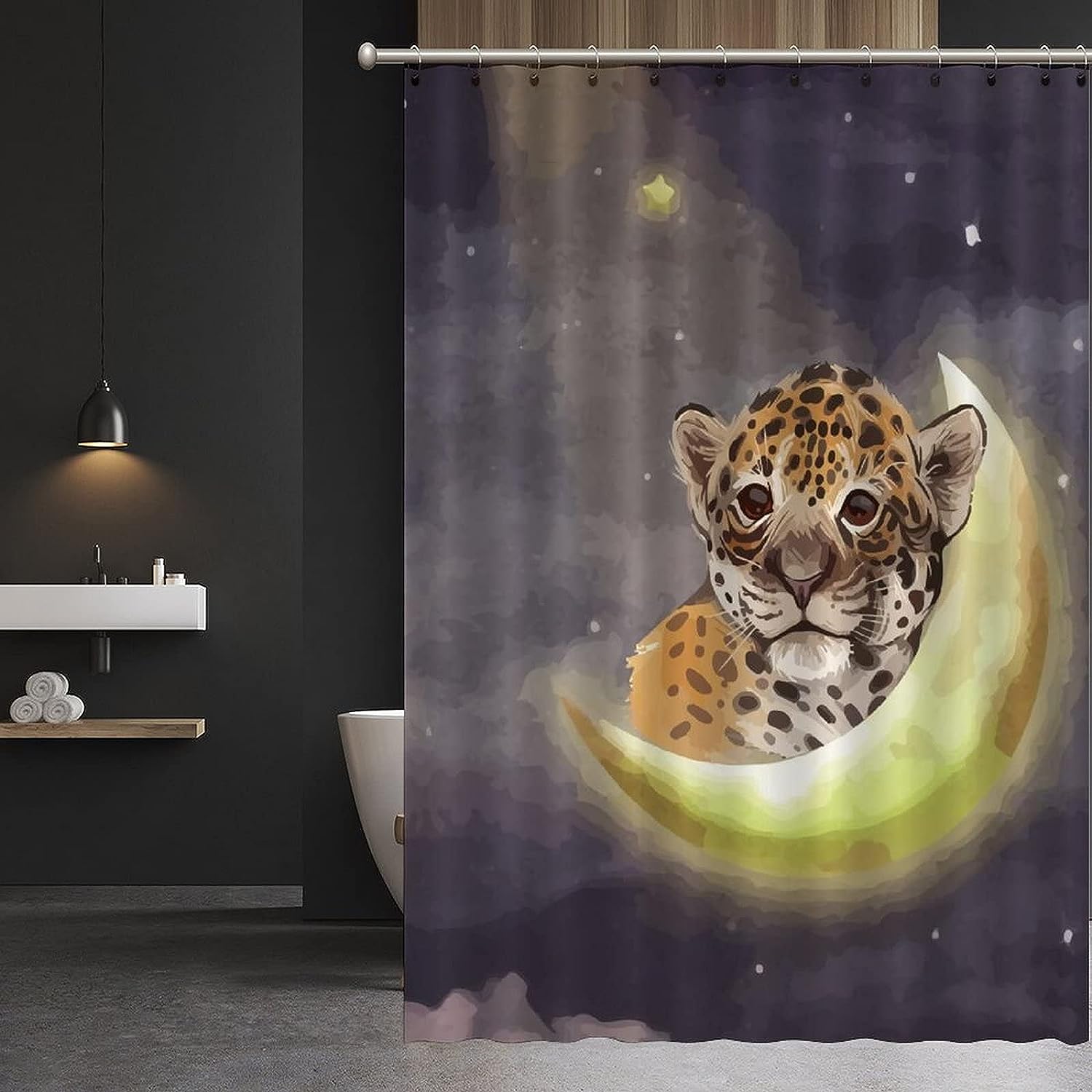 Add a Splash of the Night Sky to your Bathroom with Young Star Leopard Moon Night Shower Curtain featuring Animal Print by ArogGeld