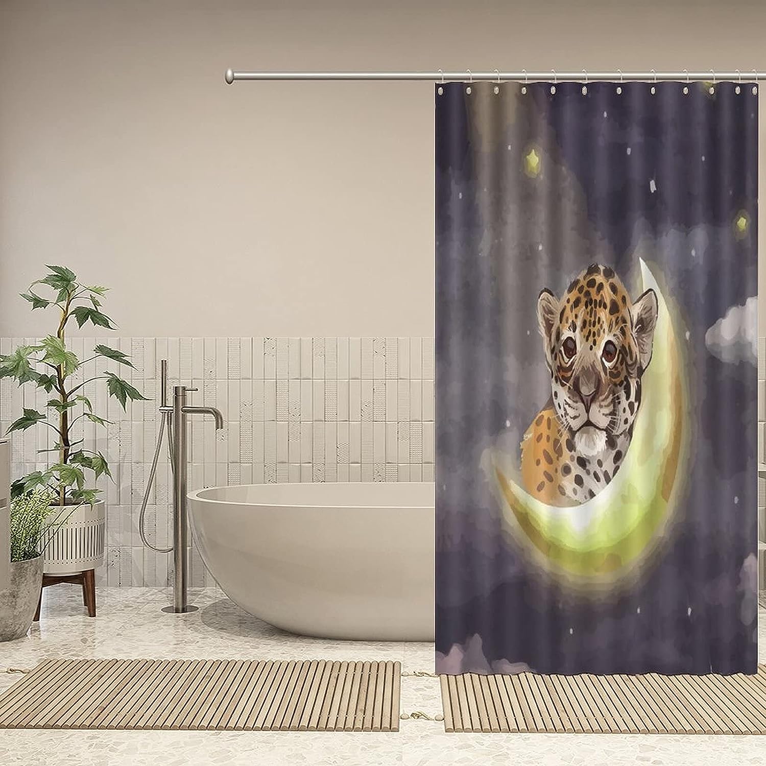 Add a Splash of the Night Sky to your Bathroom with Young Star Leopard Moon Night Shower Curtain featuring Animal Print by ArogGeld