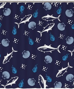 Add a Touch of Navy Blue to your Bathroom with Whale Seashells Shower Curtain featuring Ocean Animal by ArogGeld