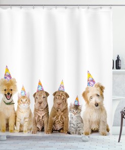 Adorable Dogs and Cats at a Birthday Party Shower Curtain - Bathroom Decor