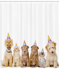 Adorable Dogs and Cats at a Birthday Party Shower Curtain - Bathroom Decor