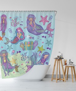 Adorable and Cute Rainbow Little Whimsical Mermaid Anime Shower Curtain for your Retro Bathroom Decorations 