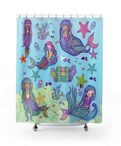 Adorable and Cute Rainbow Little Whimsical Mermaid Anime Shower Curtain for your Retro Bathroom Decorations