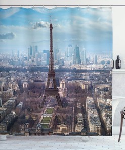 Aerial Eiffel Tower Boulevard Cloth Fabric Shower Curtain, View of Clear Day Busy Town Park Skyscrape, Home Decor