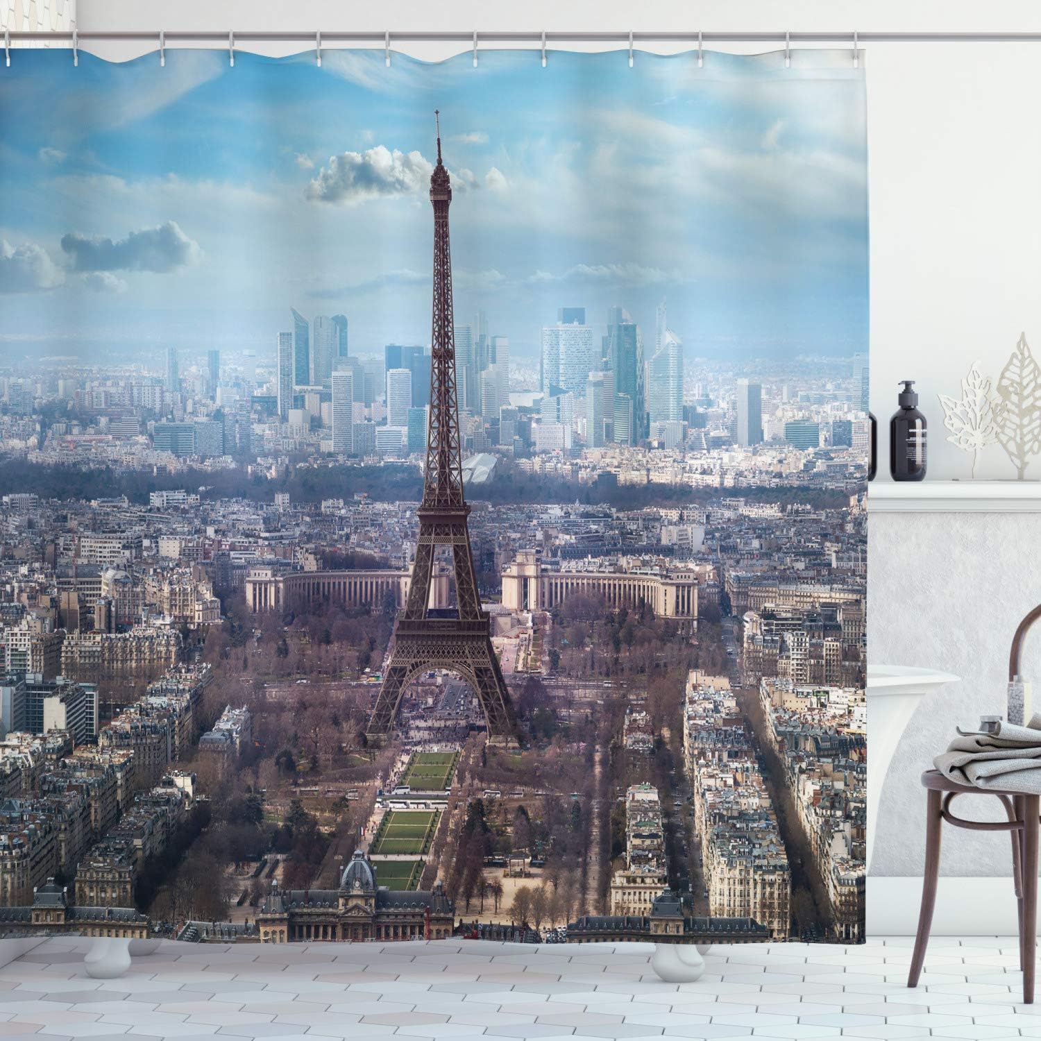 Aerial Eiffel Tower Boulevard Cloth Fabric Shower Curtain, View of Clear Day Busy Town Park Skyscrape, Home Decor