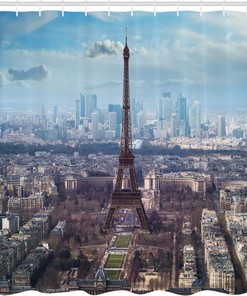 Aerial Eiffel Tower Boulevard Cloth Fabric Shower Curtain, View of Clear Day Busy Town Park Skyscrape, Home Decor