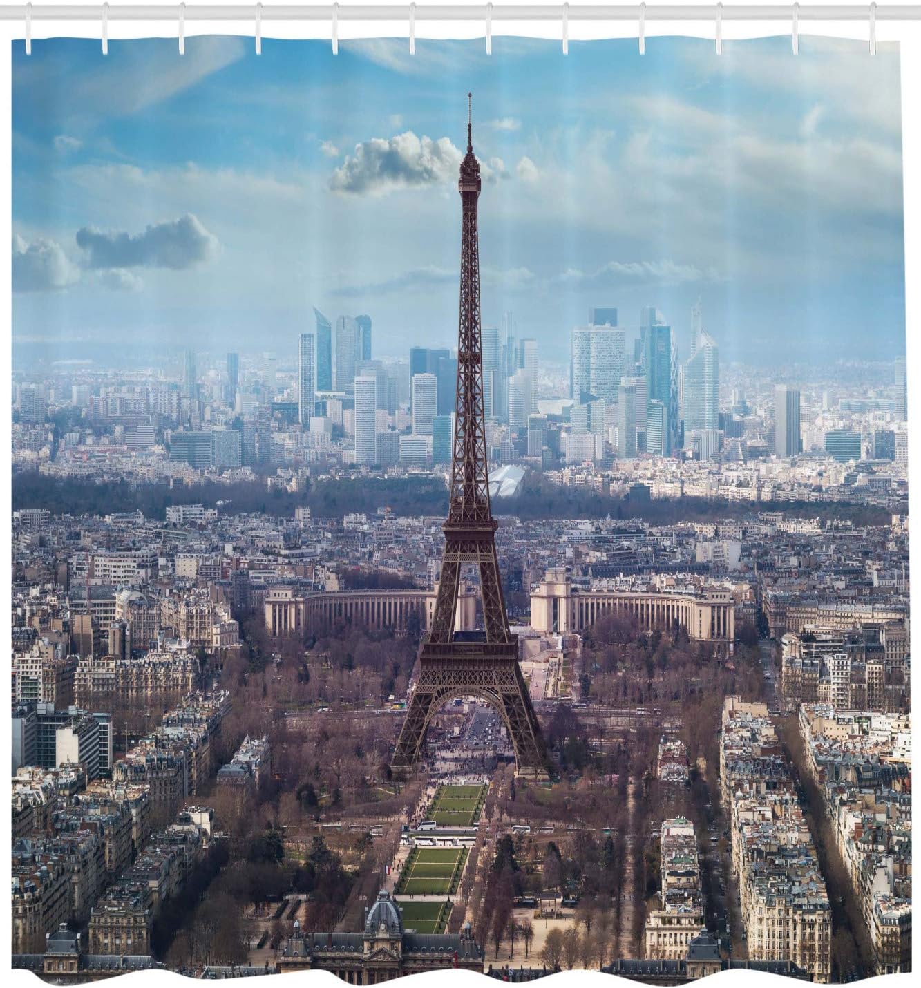Aerial Eiffel Tower Boulevard Cloth Fabric Shower Curtain, View of Clear Day Busy Town Park Skyscrape, Home Decor