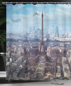 Aerial Eiffel Tower Boulevard Cloth Fabric Shower Curtain, View of Clear Day Busy Town Park Skyscrape, Home Decor