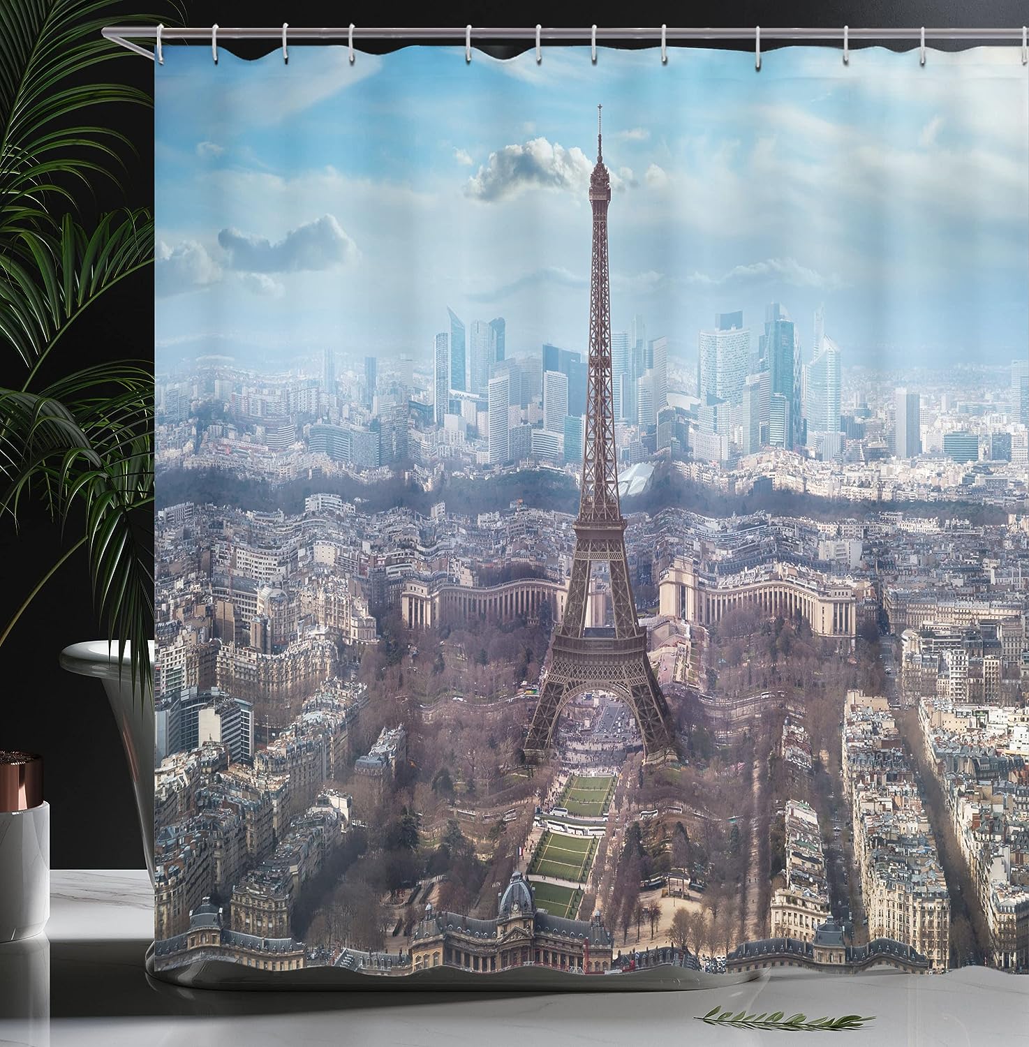 Aerial Eiffel Tower Boulevard Cloth Fabric Shower Curtain, View of Clear Day Busy Town Park Skyscrape, Home Decor