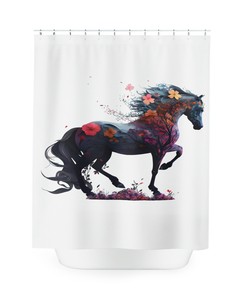Aesthetic Luxury Black Horse Sherpa Shower Curtain for Restrooms