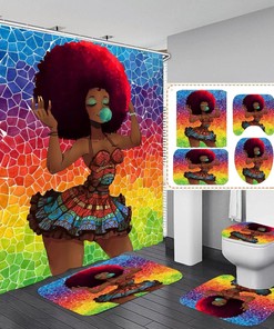 African American Bathroom Shower Curtain Set with Black Girl and Accessories