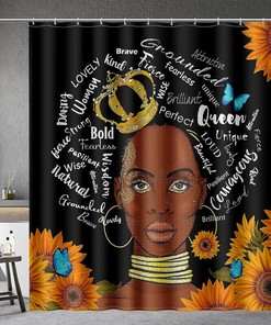 African American Black Girl Woman with Sunflower Butterflies Farmhouse Shower Curtain - Inspirational Bathroom Decor 