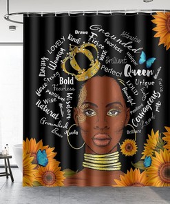 African American Black Girl Woman with Sunflower Butterflies Farmhouse Shower Curtain - Inspirational Bathroom Decor