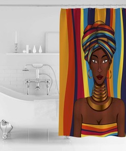 African American Pretty Girl Colorful Stripe Background Bathroom Shower Curtain - Waterproof Fabric