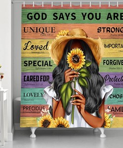 African American Queen God Says You are Shower Curtain with Sunflower and Rustic Wooden Design for Chic and Elegant Bathroom Decor