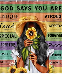 African American Queen God Says You are Shower Curtain with Sunflower and Rustic Wooden Design for Chic and Elegant Bathroom Decor
