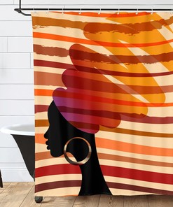 African American Women Shower Curtain with Tribal Stripes Print - Waterproof Fabric Bath Decor