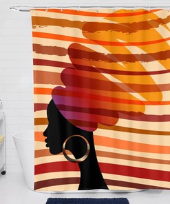African American Women Shower Curtain with Tribal Stripes Print - Waterproof Fabric Bath Decor
