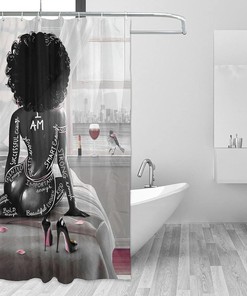African Bathrooms Black Girl Shower Curtain - Trendy Fabric Bath Decor