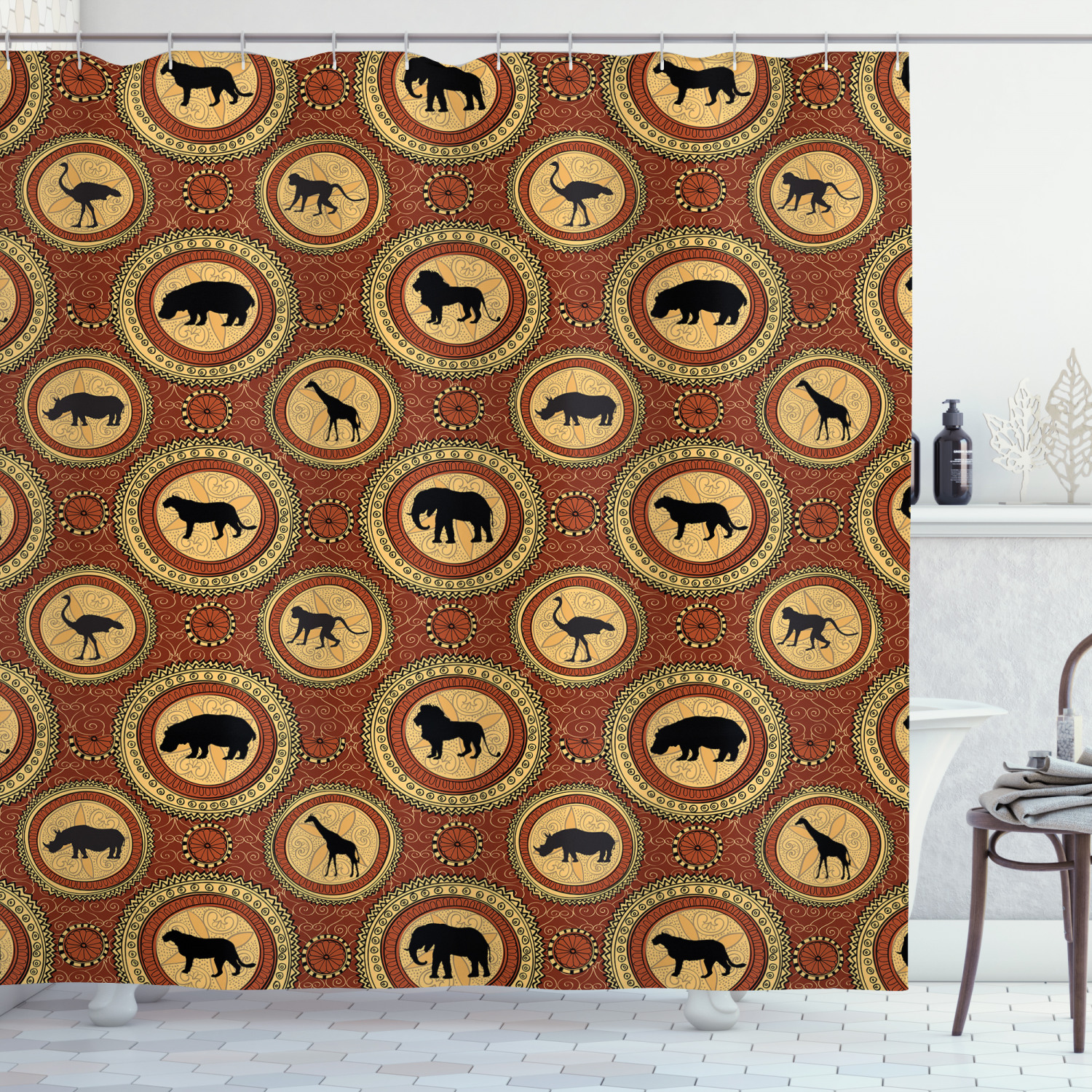African Ethnic Pattern Shower Curtain with Monkey, Giraffe, Elephant, Lion and Rhino Motifs