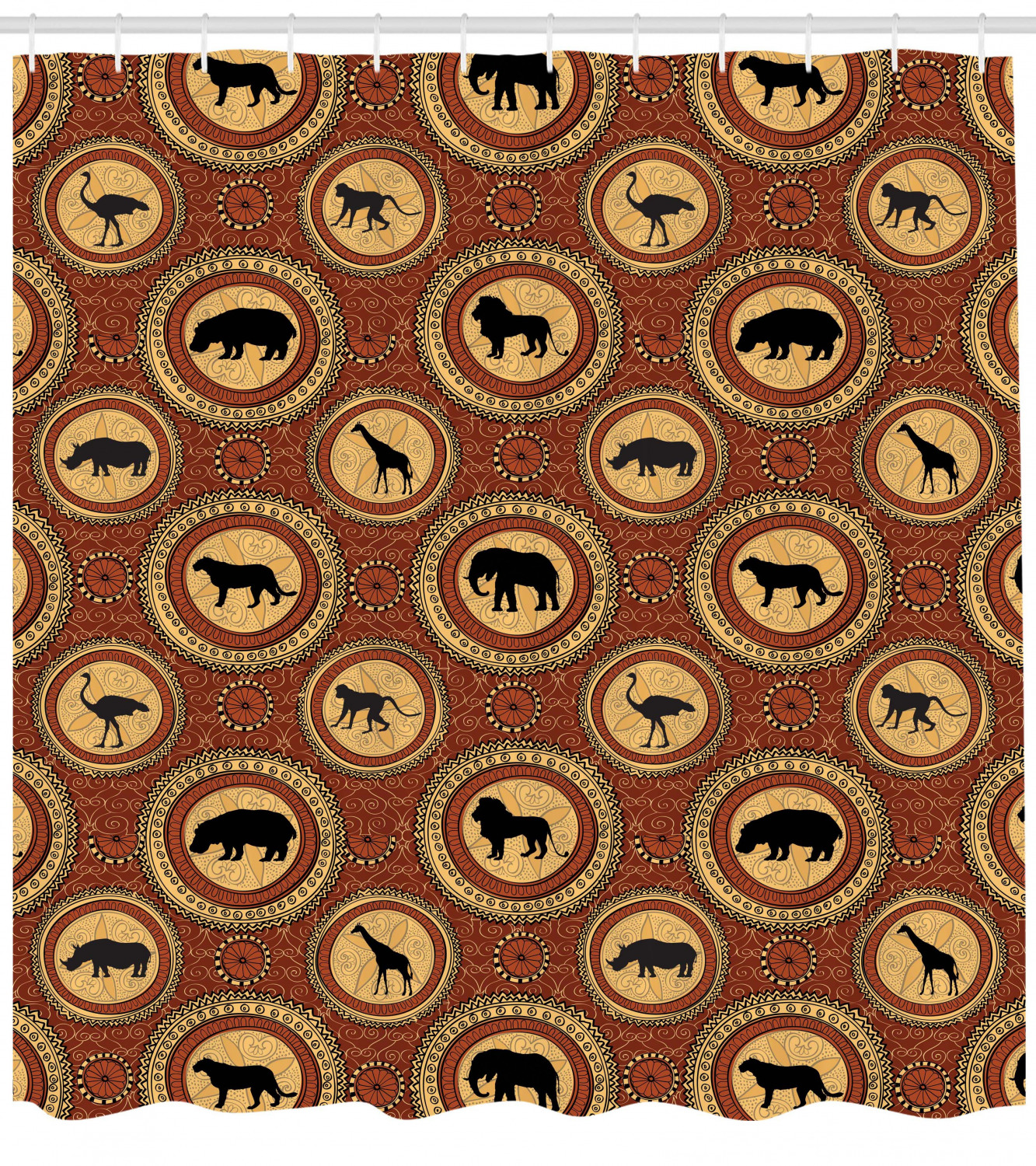 African Ethnic Pattern Shower Curtain with Monkey, Giraffe, Elephant, Lion and Rhino Motifs