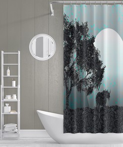 African Night Rhino Shower Curtain with Mandala Design and Moon Silhouette