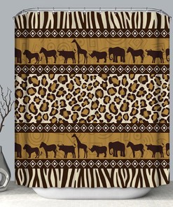 African Safari Fabric Shower Curtain with Leopard, Zebra and Animal Print for Wildlife Bathroom Decor 