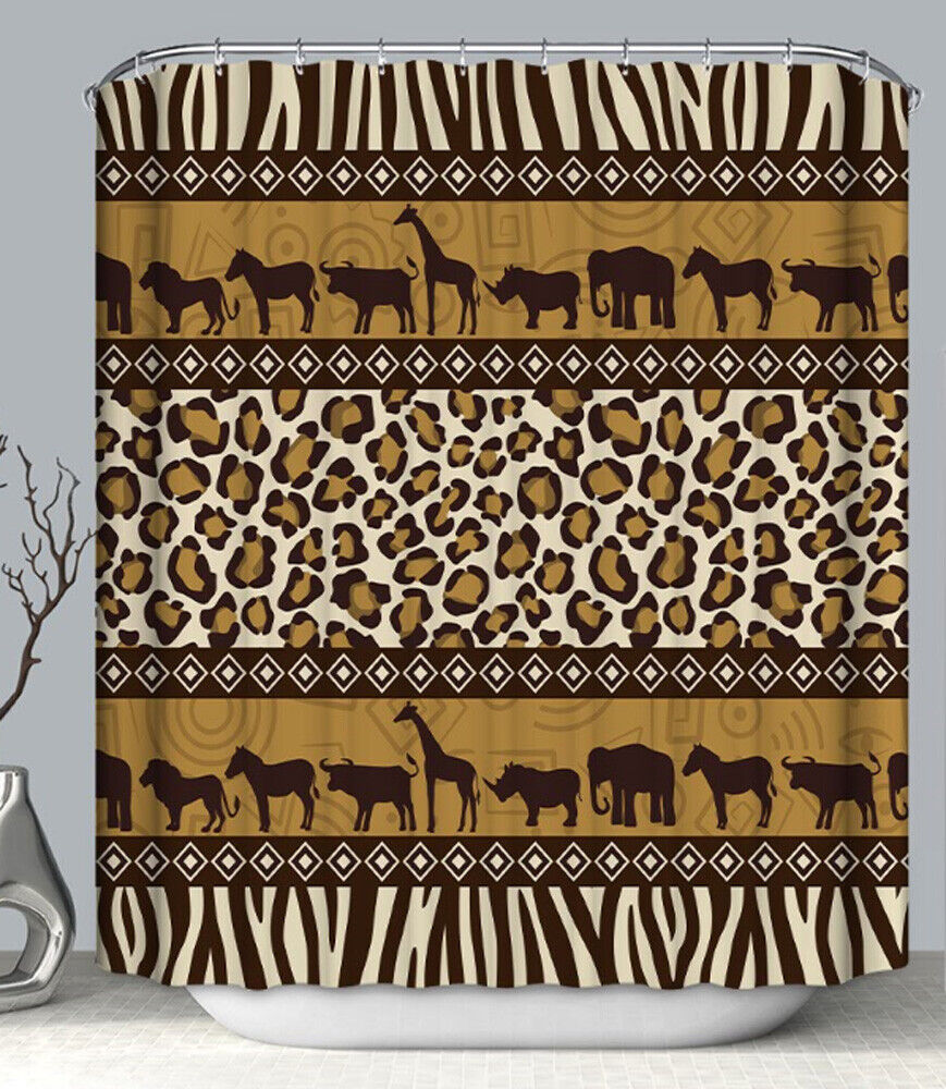 African Safari Fabric Shower Curtain with Leopard, Zebra and Animal Print for Wildlife Bathroom Decor