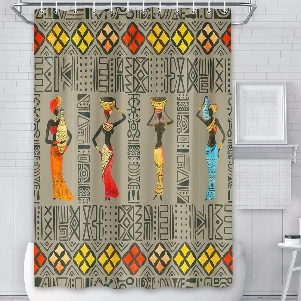 African Women Dancer Tribal Shower Curtain, Retro Colorful Southwestern Bathroom Decor