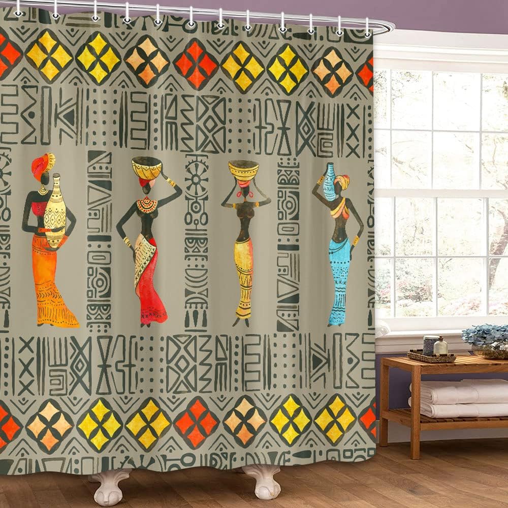 African Women Dancer Tribal Shower Curtain, Retro Colorful Southwestern Bathroom Decor