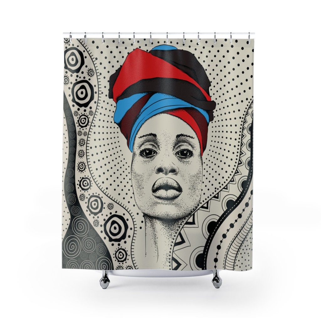 African in Turban Illustration Shower Curtain with Tribal Background