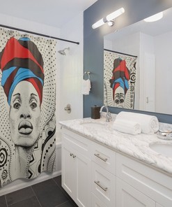 African in Turban Illustration Shower Curtain with Tribal Background for African American Bathroom Decor