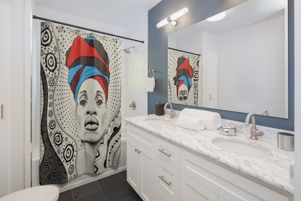 African in Turban Illustration Shower Curtain with Tribal Background for African American ...