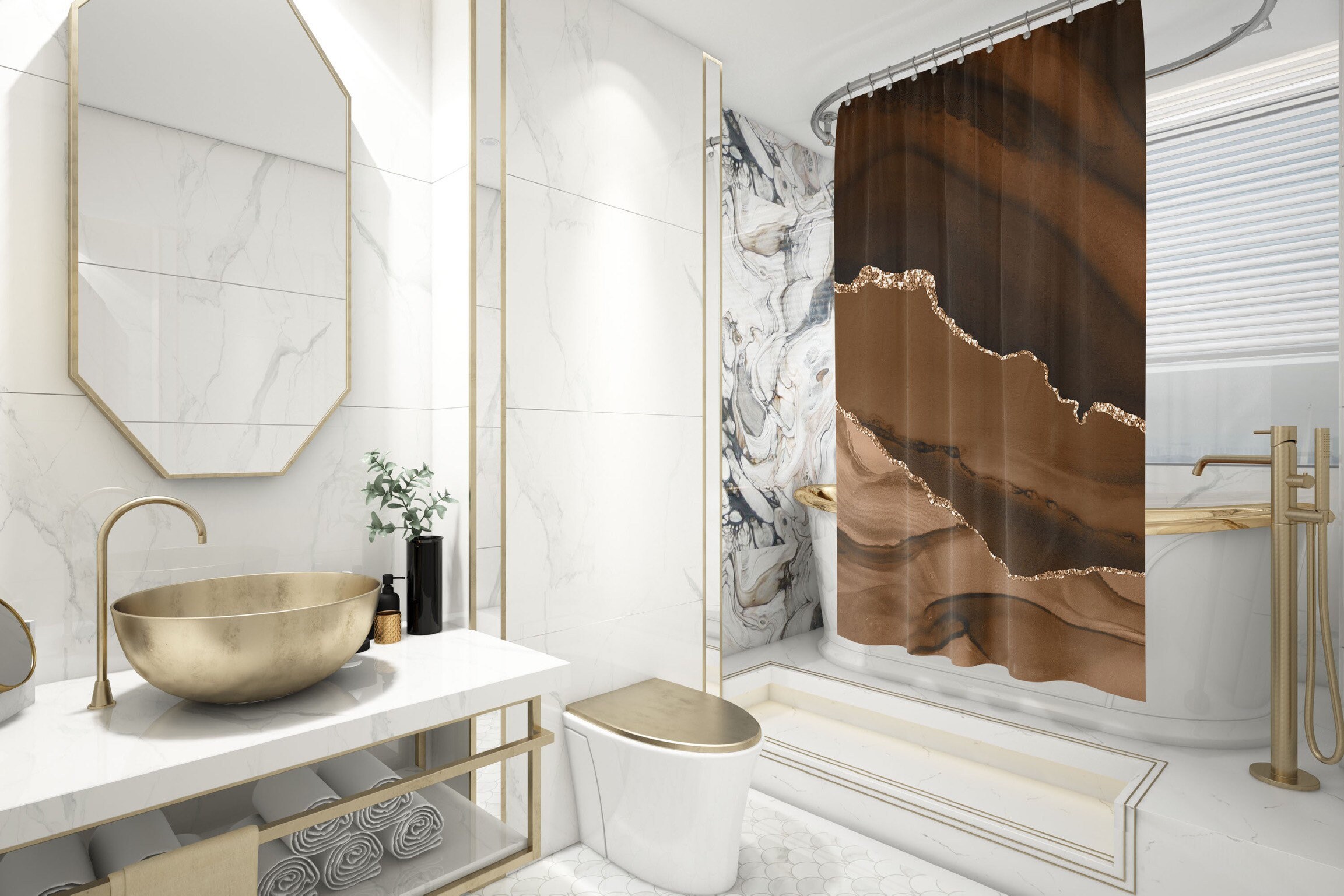 Agate Quartz and Marble Fancy Boho Shower Curtain with Earth Tone Print