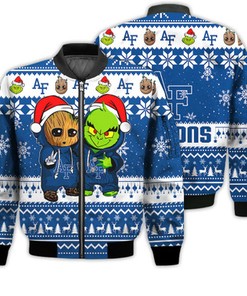 Air Force Falcons Baby Groot And Grinch Best Friends Football American Ugly Christmas Sweater Gifts Unisex 3D Bomber Jacket