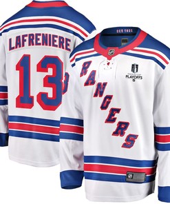 Alexis Lafreniere 13 New York Rangers Stanley Cup 2023 Playoffs Patch Away Breakaway Men Jersey - White