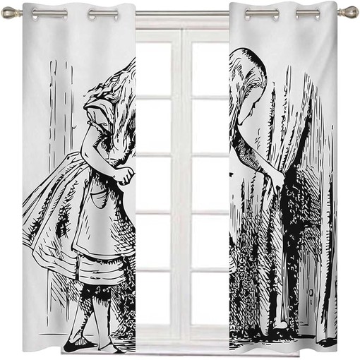 Alice in Wonderland Black White Privacy Curtain Sunlight Block Window Drapes for Home Office