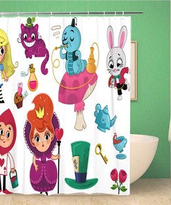 Alice in Wonderland Characters Fabric Shower Curtain - Cheshire Cat Hookah Cartoon Bathroom Decor