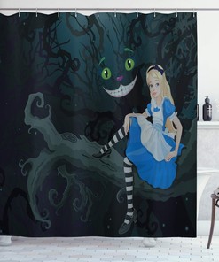 Alice in Wonderland Cheshire Cat Shower Curtain, Cartoon Dark Blue Bathroom Decor 