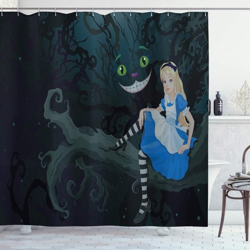 Alice in Wonderland Cheshire Cat Shower Curtain, Cartoon Dark Blue Bathroom Decor