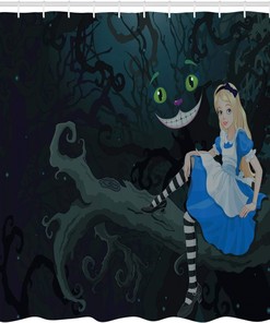 Alice in Wonderland Cheshire Cat Shower Curtain, Cartoon Dark Blue Bathroom Decor